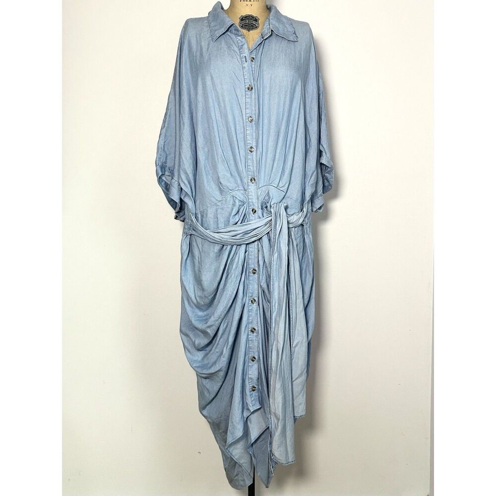 Ashley Stewart Lyocell Maxi Dress 26/28 Plus Blue Button Front Belted Draped